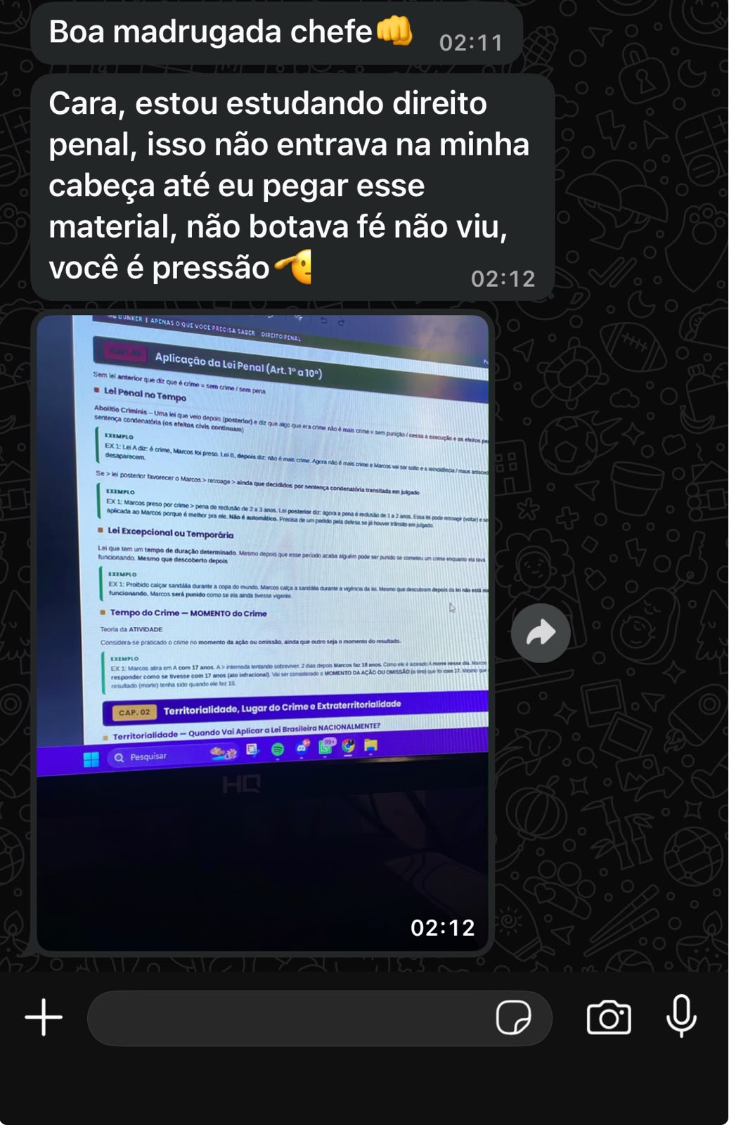 Depoimento de aluno com comparativo antes/depois do resumo de Direito Penal