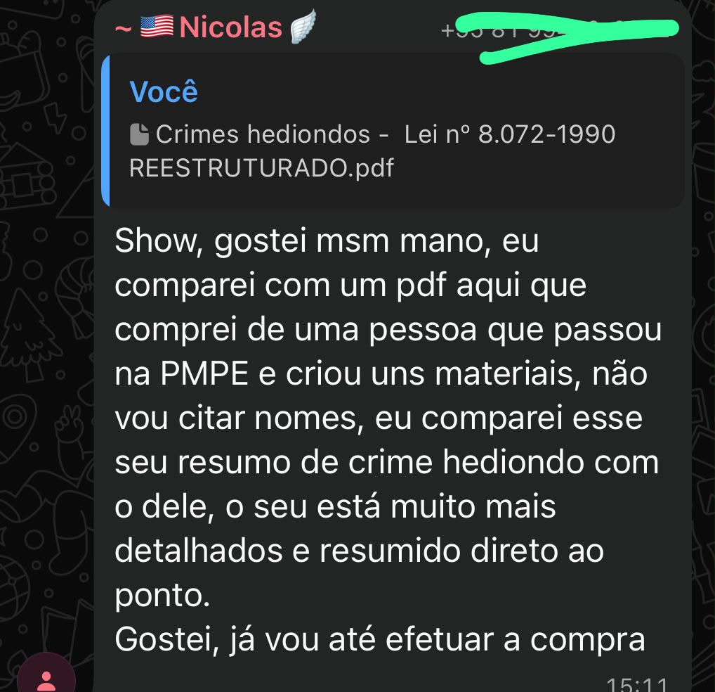 Depoimento de aluno comparando o resumo de Crimes Hediondos com outro material