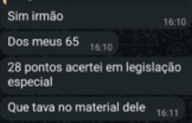 Depoimento de aluno: 28 pontos acertados em legislação especial, com base no material