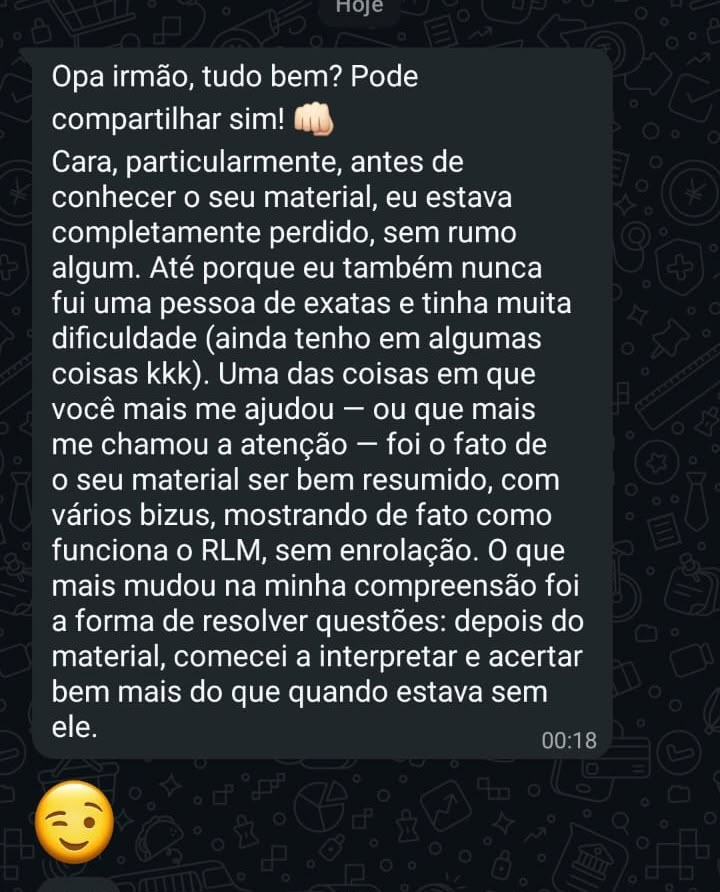 Depoimento de aluno: material bem resumido, com vários bizus, mostrando de fato como funciona o RLM, sem enrolação