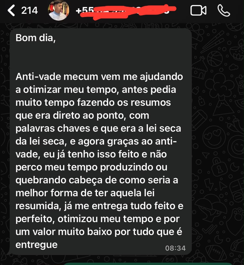 Depoimento de aluno citando o Anti-Vade Mecum 3.0 diretamente